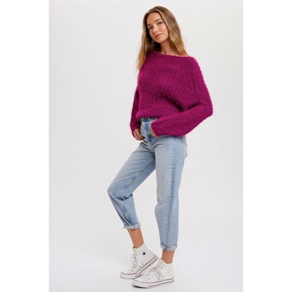 SOLD OUT Orchid Fuzzy Dolman Off Shoulder Pullover Knit Winter Casual Sweater - Picture 4 of 5